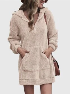 Women‘s Hoodie Dress Winter Dress Black Pink Army Green Navy Blue Beige Gray Long Sleeve Pure Color Zipper Pocket Winter Fall Hooded Stylish Casual Fall Dress Loose Fit 2022 S M L XL 2XL 3XL -Casual Print Dress Sales wijxjt1664249541537