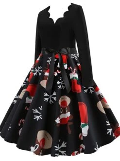 Women's Christmas Retro 1950s Vintage Dress Midi Dress Party Ruched Bow Fruit V Neck Long Sleeve Regular Fit Fall Winter 2023 Deep Green Black S M L XL -Casual Print Dress Sales wirrud1695363818280