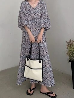 Women's Casual Dress Ethnic Dress Swing Dress Geometric Color Block Print V Neck Long Dress Maxi Dress Vintage Ethnic Outdoor Street 3/4 Length Sleeve Loose Fit Navy Blue Light Blue Fall One-Size