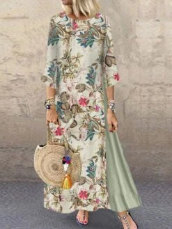Women's Plus Size Holiday Dress Floral Crew Neck Print 3/4 Length Sleeve Fall Spring Casual Maxi Long Dress Causal Daily Dress / Linen -Casual Print Dress Sales wjsonp1631504231761