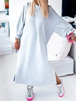 Women's Casual Dress Sweatshirt Dress Winter Dress Long Dress Maxi Dress Split Outdoor Street Daily Active Fashion Crew Neck Long Sleeve 2023 Loose Fit Gray Color S M L XL Size -Casual Print Dress Sales wkcicc1695292950882