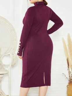 Women's Plus Size Curve Casual Dress Sweater Dress Bodycon Plain Midi Dress Long Sleeve Button Turtleneck Fashion Outdoor Wine Dark Blue Fall Winter XL XXL 3XL 4XL 5XL -Casual Print Dress Sales wkdaqp1694489898536
