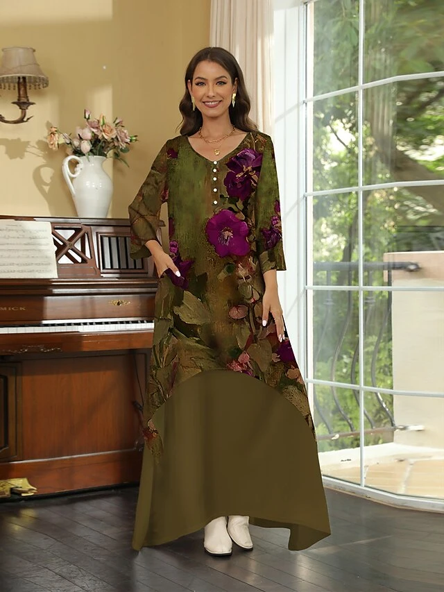 Women's Casual Dress Winter Dress Print Dress Floral Button Pocket Crew Neck Long Dress Maxi Dress Vintage Outdoor Daily 3/4 Length Sleeve Regular Fit Brown Green Fall Winter S M L XL 3XL 3 Women's Casual Dress Winter Dress Print Dress Floral Button Pocket Crew Neck Long Dress Maxi Dress Vintage Outdoor Daily 3/4 Length Sleeve Regular Fit Brown Green Fall Winter S M L XL 3XL - Image 3