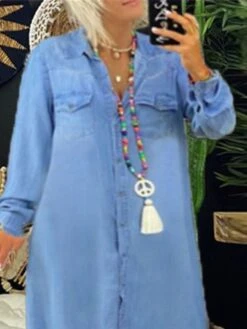 Women‘s Plus Size Curve Casual Dress Shirt Dress Shift Dress Solid Color Long Dress Maxi Dress Long Sleeve Button Pocket Shirt Collar Basic Daily Light Sky Blue Fall Spring L XL XXL 3XL 4XL -Casual Print Dress Sales wlobuv1672737843280