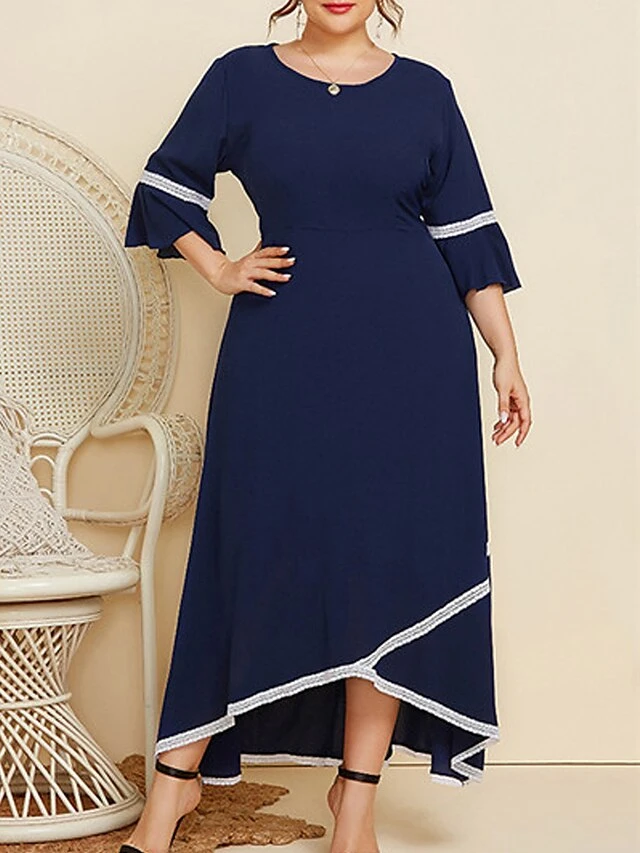 Women's Plus Size Curve Casual Dress Swing Dress A Line Dress Plain Long Dress Maxi Dress 3/4 Length Sleeve Patchwork Plus High Low Crew Neck Fashion Outdoor Dark Blue Fall Winter XL XXL 3XL 4XL 2 Women's Plus Size Curve Casual Dress Swing Dress A Line Dress Plain Long Dress Maxi Dress 3/4 Length Sleeve Patchwork Plus High Low Crew Neck Fashion Outdoor Dark Blue Fall Winter XL XXL 3XL 4XL - Image 2
