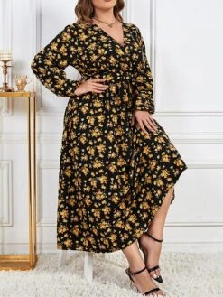 Women's Plus Size Curve Party Dress Swing Dress Empire Waist Dresses Long Dress Maxi Dress Black Long Sleeve Floral Print Spring Fall Winter V Neck Fashion Winter Dress Birthday Wedding Guest XL XXL -Casual Print Dress Sales wlwvzf1692156453635
