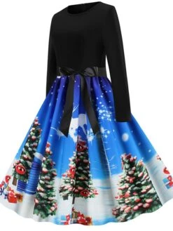 Women's Christmas Knee Length Dress Blue Purple Wine Gray Green Black Red Light Blue Long Sleeve Print Bow Print Fall Winter Round Neck Casual Vintage2021 S M L XL XXL -Casual Print Dress Sales wmiliq1629971942298