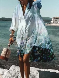 Women's Shirt Dress Casual Dress Swing Dress Mini Dress Outdoor Daily Vacation Polyester Fashion Casual Shirt Collar Button Print Long Sleeve Summer Spring Fall 2023 Loose Fit White Blue Purple Floral -Casual Print Dress Sales wmogih1678780677655