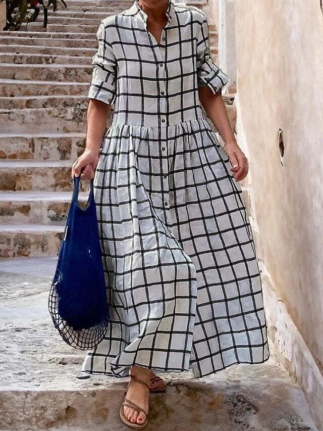 Women's Shirt Dress Casual Dress Swing Dress Maxi Long Dress Outdoor Daily Date Polyester Fashion Modern Shirt Collar Button Print Long Sleeve Fall Winter 2023 Loose Fit Black Blue Khaki Plaid S M L 2 Women's Shirt Dress Casual Dress Swing Dress Maxi Long Dress Outdoor Daily Date Polyester Fashion Modern Shirt Collar Button Print Long Sleeve Fall Winter 2023 Loose Fit Black Blue Khaki Plaid S M L - Image 2