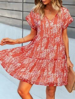 Women's Casual Dress Chiffon Dress Floral Dress Floral Color Block Print V Neck Mini Dress Active Fashion Outdoor Street Short Sleeve Regular Fit White Pink Red Summer Spring S M L XL XXL -Casual Print Dress Sales wnakke1688036787546