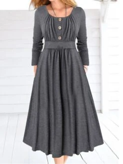 Women's Casual Dress Plain Dress Spring Dress Midi Dress Ruched Button Outdoor Daily Date Fashion Streetwear Crew Neck Long Sleeve 2023 Regular Fit Gray Color S M L XL XXL Size