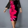 Women‘s Plus Size Curve Party Dress Print Crew Neck 3/4 Length Sleeve Spring Fall Work Casual Prom Dress Midi Dress Casual Daily Dress