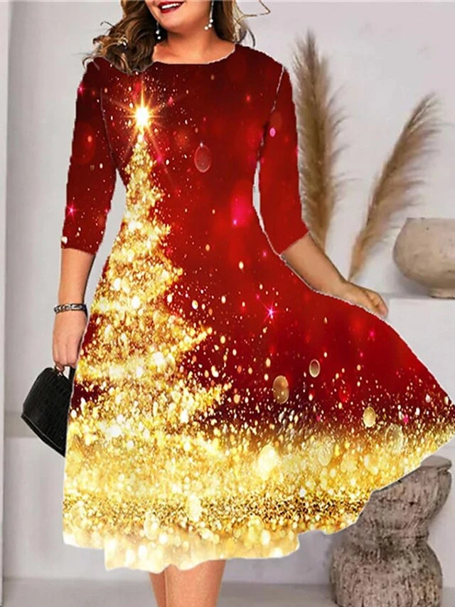 Women‘s Plus Size Christmas Dress Christmas Tree 3/4 Length Sleeve Winter Fall Midi Dress Work Dress 2 Women‘s Plus Size Christmas Dress Christmas Tree 3/4 Length Sleeve Winter Fall Midi Dress Work Dress - Image 2