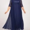 Women's Plus Size Curve Two Piece Dress Set Party Dress Chiffon Dress Party Wedding Guest Fashion Elegant Lace Long Dress Maxi Dress Crew Neck 3/4 Length Sleeve Plain Navy Blue Spring Fall L XL