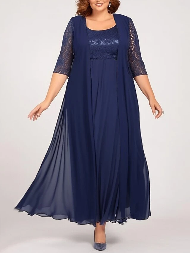 Women's Plus Size Curve Two Piece Dress Set Party Dress Chiffon Dress Party Wedding Guest Fashion Elegant Lace Long Dress Maxi Dress Crew Neck 3/4 Length Sleeve Plain Navy Blue Spring Fall L XL 1 Women's Plus Size Curve Two Piece Dress Set Party Dress Chiffon Dress Party Wedding Guest Fashion Elegant Lace Long Dress Maxi Dress Crew Neck 3/4 Length Sleeve Plain Navy Blue Spring Fall L XL