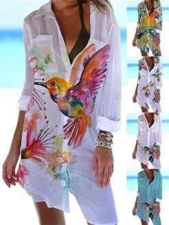 Casual Print Dress Sales 29 Women‘s Shirt Dress Cover Up Beach Dress Beach Wear Mini Dress Pocket Print Fashion Casual Floral Turndown 3/4 Length Sleeve Loose Fit Outdoor Daily White Yellow 2023 Spring Summer S M L XL