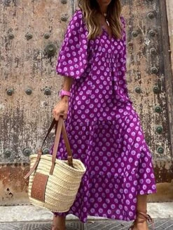 Women's Casual Dress Swing Dress Long Dress Maxi Dress Purple Wine Lavender Half Sleeve Floral Ruffle Fall Spring Autumn V Neck Weekend Loose Fit 2023 S M L XL XXL -Casual Print Dress Sales wnuelo1652698325970