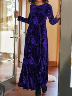 Women's Casual Dress Velvet Dress Winter Dress Floral Pocket Print Crew Neck Long Dress Maxi Dress Fashion Streetwear Outdoor Daily Long Sleeve Loose Fit Yellow Wine Blue Fall Winter S M L XL XXL -Casual Print Dress Sales wojrro1695897158114