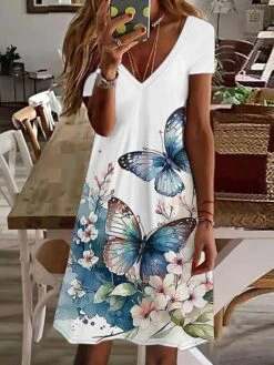 Women's Casual Dress Summer Dress Print Dress Floral Butterfly Print V Neck Mini Dress Fashion Modern Daily Holiday Short Sleeve Regular Fit Blue Purple Green Summer Spring S M L XL XXL