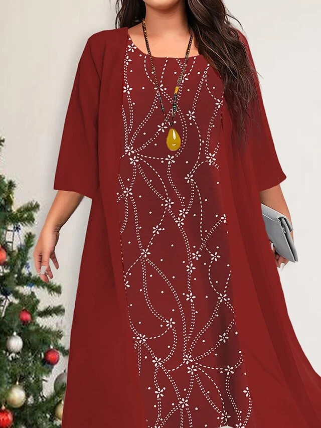 Women's Plus Size Curve Velvet Dress Casual Dress Winter Dress Floral Midi Dress 3/4 Length Sleeve Fake Two Piece Crew Neck Fashion Christmas Wine Fall Winter L XL XXL 3XL 4XL 3 Women's Plus Size Curve Velvet Dress Casual Dress Winter Dress Floral Midi Dress 3/4 Length Sleeve Fake Two Piece Crew Neck Fashion Christmas Wine Fall Winter L XL XXL 3XL 4XL - Image 3