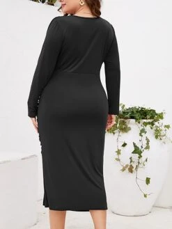 Women‘s Plus Size Curve Work Dress Sheath Dress Semi Formal Dress Fashion Midi Dress Ruched Split V Neck Long Sleeve Plain Regular Fit Black Wine Purple Fall Winter L XL XXL 3XL 4XL -Casual Print Dress Sales wpezmp1691401365643