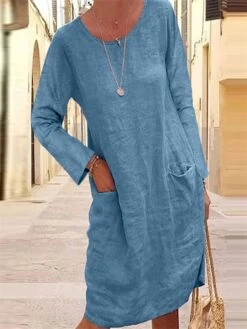Women's Casual Dress T Shirt Dress Tee Dress Linen Dress Mini Dress Black Blue Grey Long Sleeve Pure Color Pocket Summer Spring Crew Neck Fashion Vacation Fall Dress Spring Dress 2023 S M L XL 2XL -Casual Print Dress Sales wphodg1672050946429