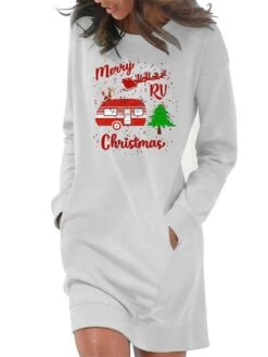 Women‘s Christmas Casual Dress Hoodie Dress Light Blue Grey White Long Sleeve Letter Pocket Print Winter Fall Crew Neck Stylish Casual Fall Dress Loose Fit 2022 S M L XL 2XL / Cotton / Winter Dress -Casual Print Dress Sales wpkxjc1666258538799