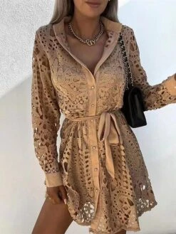 Women's Casual Dress Lace Dress Winter Dress Mini Dress Lace Up Lace Street Daily Holiday Fashion Streetwear V Neck Long Sleeve 2023 Regular Fit Black White Khaki Color S M L XL XXL Size -Casual Print Dress Sales wqcoka1692783765401