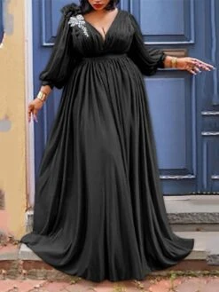 Women‘s Plus Size Curve Party Dress Solid Color V Neck Ruched 3/4 Length Sleeve Spring Fall Elegant Formal Prom Dress Maxi Long Dress Party Back To School Dress Homecoming Dress -Casual Print Dress Sales wqcxjl1659335563031