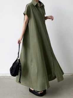 Women's Shirt Dress Casual Dress Maxi Long Dress Outdoor Daily Cotton Linen Basic Classic Shirt Collar Button Short Sleeve Summer Spring 2023 Loose Fit Navy Blue Brown Green Pure Color S M L XL XXL -Casual Print Dress Sales wqqzuj1688542110364