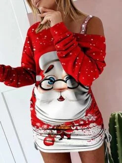 Women's Christmas Casual Dress Sheath Dress Mini Dress Orange Red Long Sleeve Santa Claus Elk Backless Print Winter Fall Crew Neck High Neck Cold Shoulder Casual Outdoor Daily 2022 S M L XL