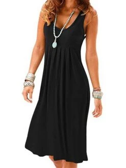 Women's Casual Dress Cotton Linen Dress Tank Dress Midi Dress Ruched Outdoor Daily Vacation Basic Classic U Neck Sleeveless 2023 Regular Fit Black Light Green Wine Color S M L XL 2XL Size