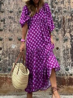 Women's Casual Dress Swing Dress Long Dress Maxi Dress Purple Wine Lavender Half Sleeve Floral Ruffle Fall Spring Autumn V Neck Weekend Loose Fit 2023 S M L XL XXL -Casual Print Dress Sales wrkjql1652698325293