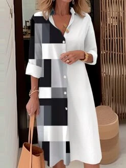 Women's Shirt Dress Casual Dress Midi Dress Outdoor Office Daily Polyester Fashion Modern Shirt Collar Button Pocket Long Sleeve Fall Winter 2023 Loose Fit Gray Plaid S M L XL 2XL