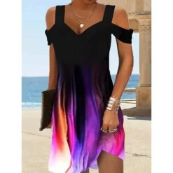 Women's Casual Dress A Line Dress Summer Dress Print Cold Shoulder Print V Neck Mini Dress Active Modern Daily Holiday Short Sleeve Regular Fit Black And White Light Yellow Black Summer Spring S M L -Casual Print Dress Sales wruxtf1683885684807