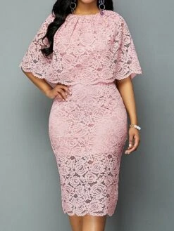 Women‘s Plus Size Curve Flattering Dresses Apple Shaped Dress Wedding Guest Sheath Dress Solid Color Crew Neck Lace Half Sleeve Fall Spring Elegant Knee Length Dress Daily Vacation Dress