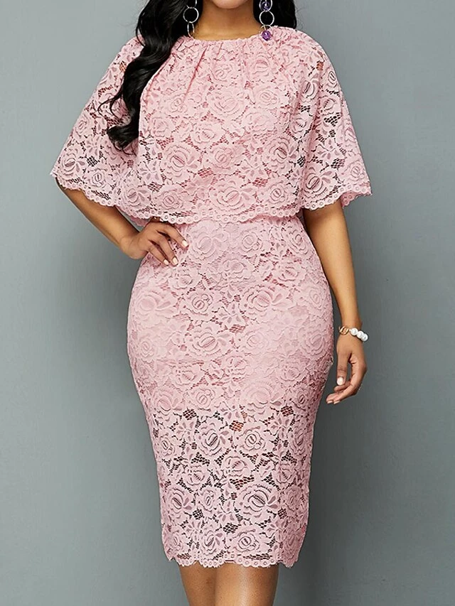 Women‘s Plus Size Curve Flattering Dresses Apple Shaped Dress Wedding Guest Sheath Dress Solid Color Crew Neck Lace Half Sleeve Fall Spring Elegant Knee Length Dress Daily Vacation Dress 1 Women‘s Plus Size Curve Flattering Dresses Apple Shaped Dress Wedding Guest Sheath Dress Solid Color Crew Neck Lace Half Sleeve Fall Spring Elegant Knee Length Dress Daily Vacation Dress