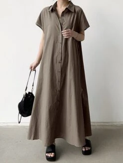 Women's Shirt Dress Casual Dress Maxi Long Dress Outdoor Daily Cotton Linen Basic Classic Shirt Collar Button Short Sleeve Summer Spring 2023 Loose Fit Navy Blue Brown Green Pure Color S M L XL XXL -Casual Print Dress Sales wsbtut1688542129564