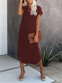 Women's T Shirt Dress Casual Dress T Shirt Dress Tee Dress Plain Split V Neck Midi Dress Streetwear Modern Outdoor Daily Short Sleeve Loose Fit Black White Wine Summer Spring S M L XL XXL