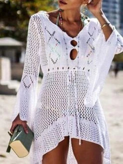 Women's Swimwear Cover Up Beach Dress Normal Swimsuit Oversized Crochet Hole Solid Color Wine Red Lake Green Black White Light Pink Bathing Suits Sports Vacation Sports