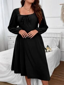 Women's Plus Size Curve Party Dress Cocktail Dress Black Dress Midi Dress Black Long Sleeve Pure Color Lace Up Spring Fall Winter Square Neck Fashion Winter Dress Birthday Wedding Guest XL XXL 3XL -Casual Print Dress Sales wtltqu1691648093924