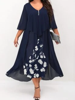 Women's Plus Size Curve Work Dress Floral V Neck Ruched 3/4 Length Sleeve Spring Summer Work Elegant Midi DressLayered Formal Vacation Dress -Casual Print Dress Sales wtpcuo1657530627851