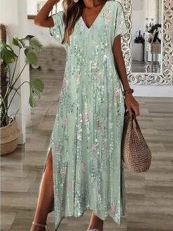 Women's Casual Dress A Line Dress Summer Dress Graphic Split Print V Neck Long Dress Maxi Dress Fashion Streetwear Outdoor Daily Short Sleeve Regular Fit Blue Purple Summer Spring S M L XL XXL -Casual Print Dress Sales wtptgt1690771707587