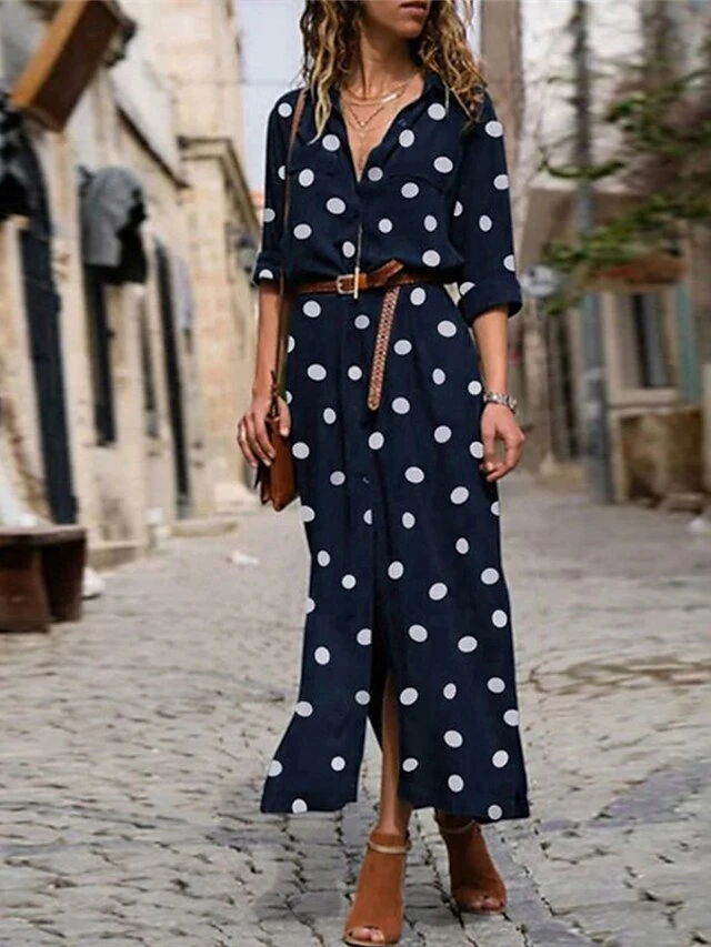 Women's Shirt Dress Maxi Long Dress Winter Dress Daily Date Polyester Fashion Elegant Shirt Collar Print Long Sleeve Summer Spring Fall 2022 Regular Fit Black Army Green Red Polka Dot Round Dots S M 4 Women's Shirt Dress Maxi Long Dress Winter Dress Daily Date Polyester Fashion Elegant Shirt Collar Print Long Sleeve Summer Spring Fall 2022 Regular Fit Black Army Green Red Polka Dot Round Dots S M - Image 4