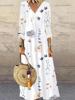Women's Maxi Long Dress Casual Dress Print Dress Spring Dress Floral Fashion Streetwear Outdoor Daily Vacation Print 3/4 Length Sleeve V Neck Dress Loose Fit Light Pink White Yellow Summer Spring S M