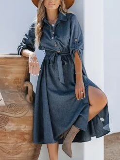 Women's Shirt Dress Casual Dress Midi Dress Outdoor Daily Date Polyester Basic Classic Shirt Collar Lace Up Button Long Sleeve Spring Fall Winter 2023 Loose Fit Navy Blue Pure Color S M L XL -Casual Print Dress Sales wtzzxz1692180015499