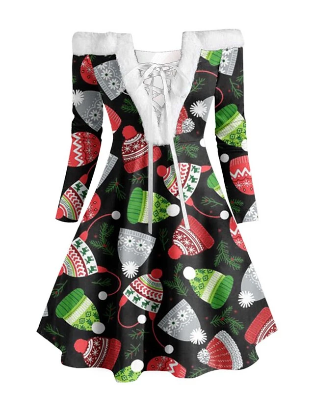 Women's Christmas Swing Dress Vintage Dress Mini Dress Green Blue Royal Blue Red White Black Long Sleeve Santa Claus Snowman Snowflake Feather Print Winter Fall Off Shoulder Stylish Elegant 11 Women's Christmas Swing Dress Vintage Dress Mini Dress Green Blue Royal Blue Red White Black Long Sleeve Santa Claus Snowman Snowflake Feather Print Winter Fall Off Shoulder Stylish Elegant - Image 11