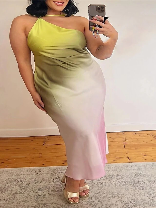 Women's Plus Size Curve Party Dress Sheath Dress Gradient Long Dress Maxi Dress Sleeveless Print One Shoulder Fashion Party Green Fall Winter L XL XXL 3XL 4XL 1 Women's Plus Size Curve Party Dress Sheath Dress Gradient Long Dress Maxi Dress Sleeveless Print One Shoulder Fashion Party Green Fall Winter L XL XXL 3XL 4XL