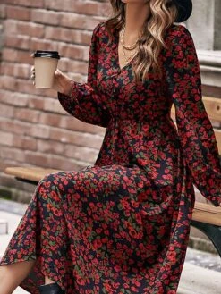 Women's Casual Dress Swing Dress Floral Dress Floral Ditsy Floral Print V Neck Midi Dress Fashion Modern Daily Holiday Long Sleeve Loose Fit Black Spring Fall S M L -Casual Print Dress Sales wvdotz1692094130647
