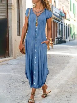 Women's Casual Dress Shift Dress Denim Shirt Dress Maxi Long Dress Denim Fashion Basic Outdoor Daily Vacation V Neck Button Pocket Short Sleeve Summer Spring 2023 Regular Fit Blue Plain S M L XL 2XL
